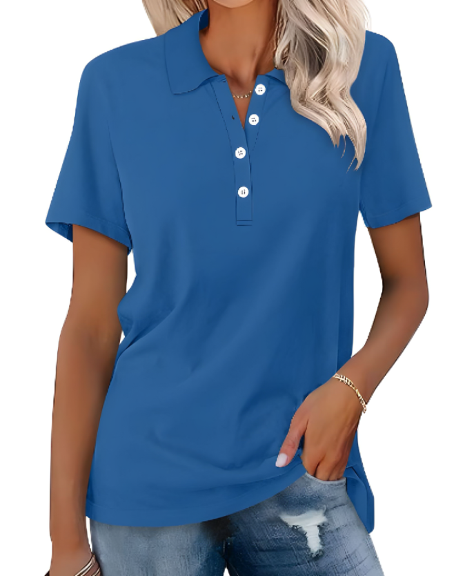 Versatile women's polo shirt with short sleeves, designed for comfort and style in everyday fashion & office apparel.