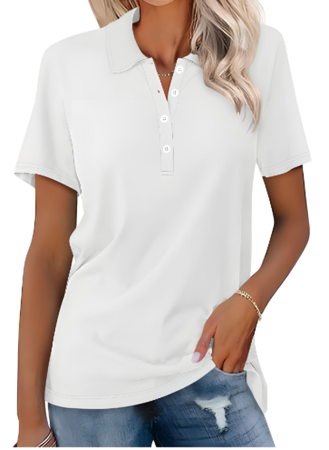 Chic women's short sleeve polo shirt, comfortable & versatile for stylish office wear or elevated casual fashion.