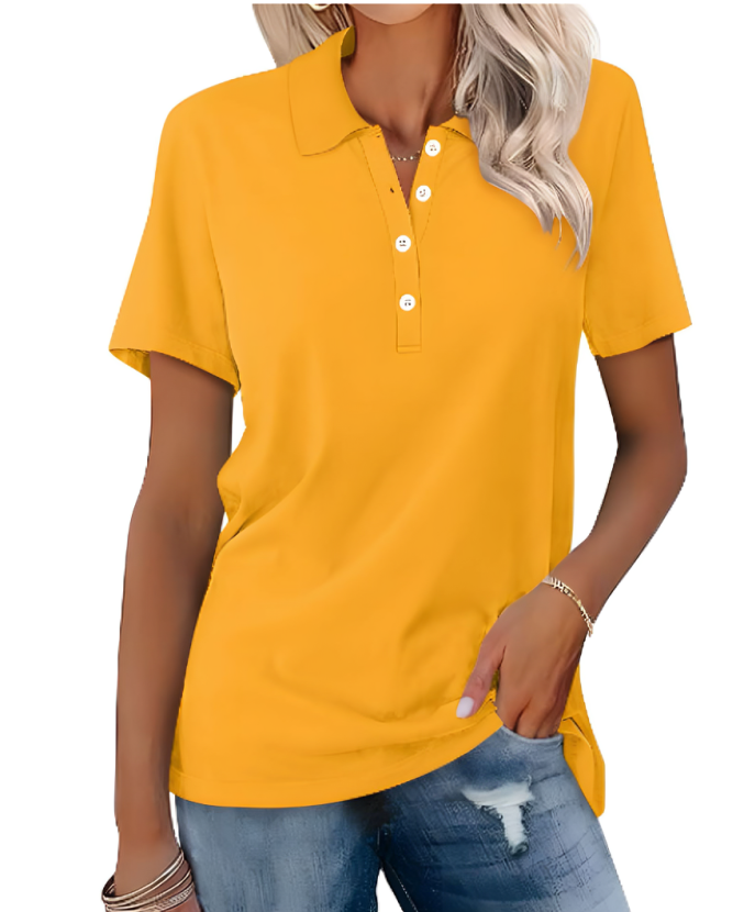 Soft fabric women's short sleeve polo, comfortable and versatile for chic everyday fashion and office apparel.