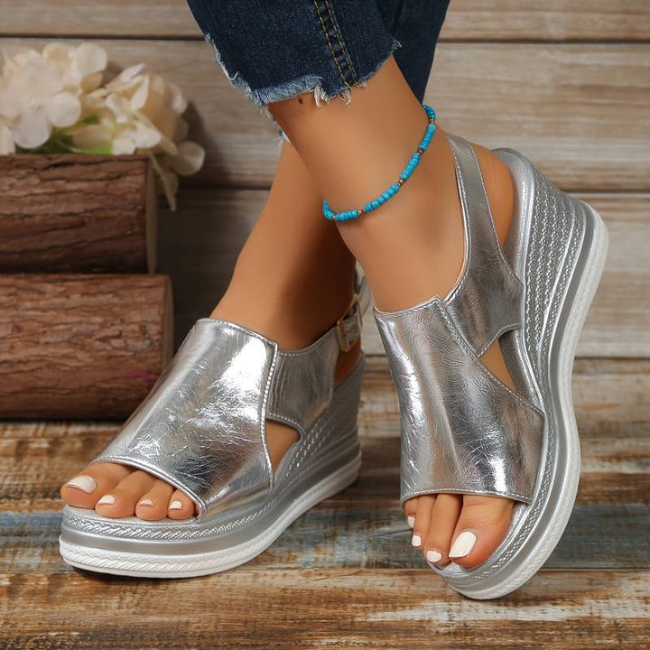 Comfortable women's orthopedic wedge sandals with arch support, perfect for all-day wear & stylish comfort.