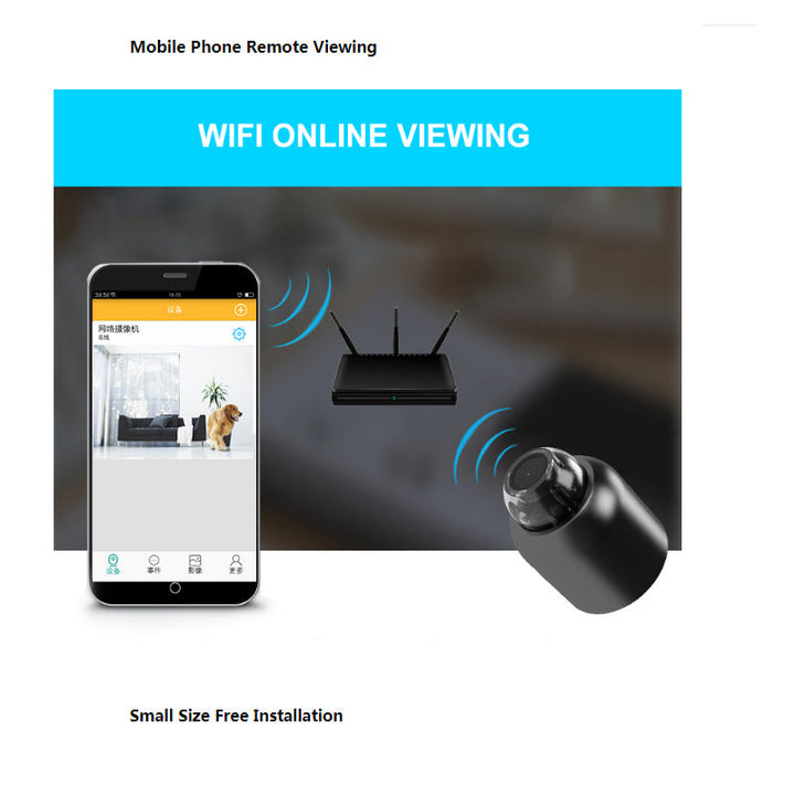 "Compact 1080P wireless security camera with night vision and motion detection; perfect for discreet home or office surveilla