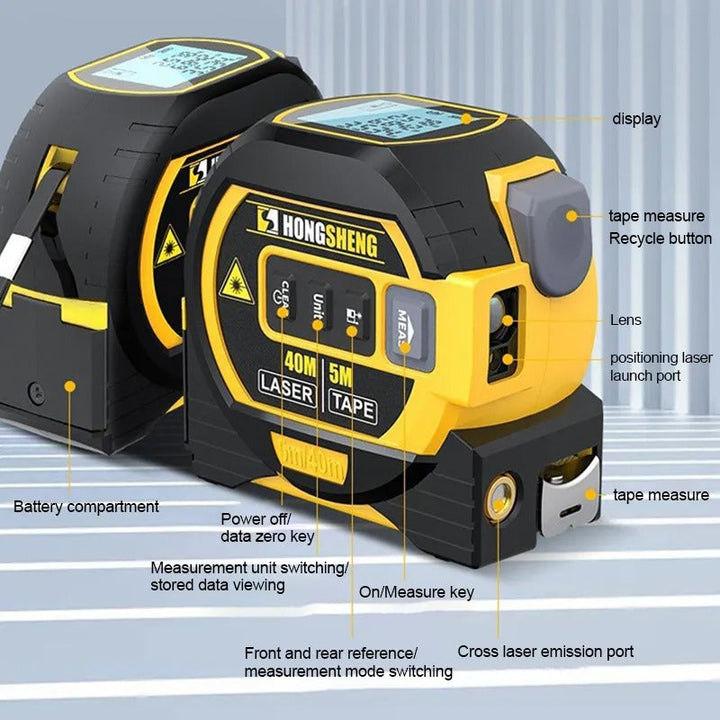 "Compact 3-in-1 laser tape measure with 60m rangefinder, steel tape, cross marker, ABS+TPR shell, LCD display for DIY tasks."