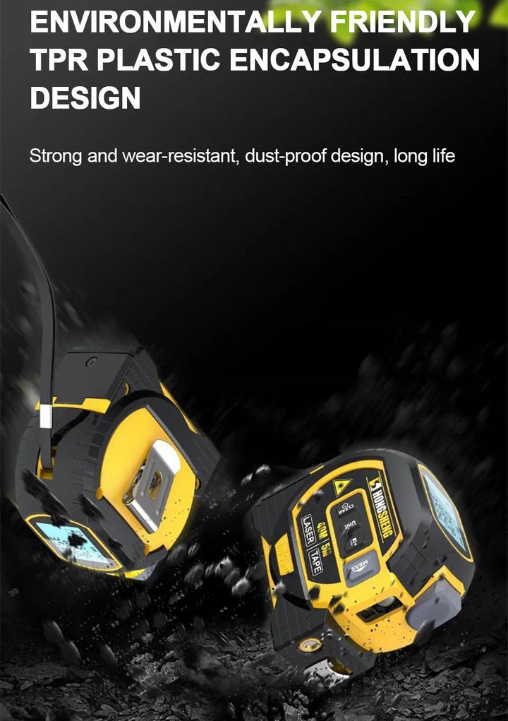 "Compact 3-in-1 laser tape measure with 60m rangefinder, steel tape, cross marker, ABS+TPR shell, LCD display for DIY tasks."