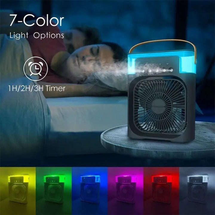 Compact 3-in-1 portable air cooler humidifier with adjustable fan speeds, suitable for home or office.