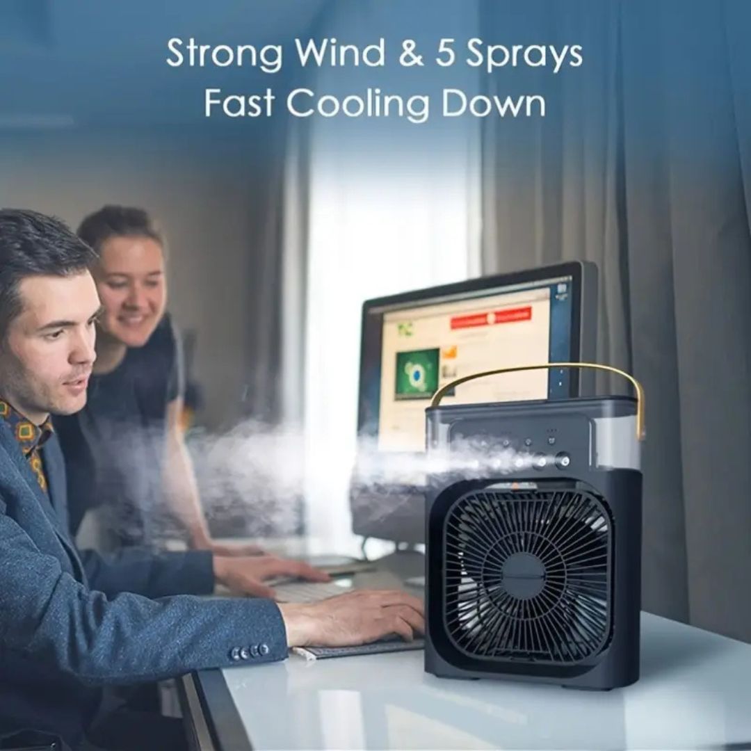 Compact 3-in-1 portable air cooler humidifier with adjustable fan speeds, suitable for home or office.