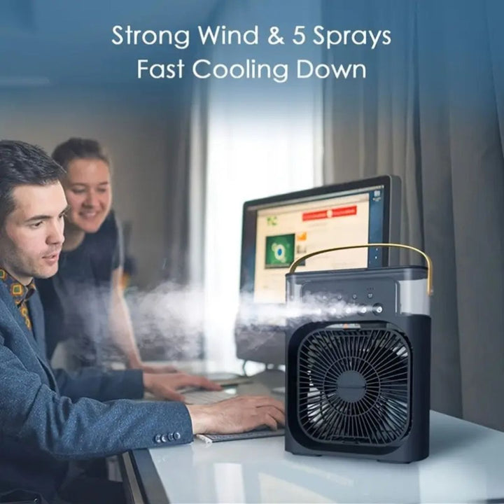 Compact 3-in-1 portable air cooler humidifier with adjustable fan speeds, suitable for home or office.