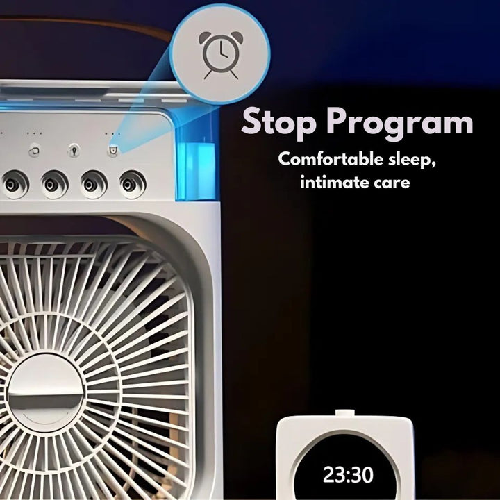 Compact 3-in-1 portable air cooler humidifier with adjustable fan speeds, suitable for home or office.