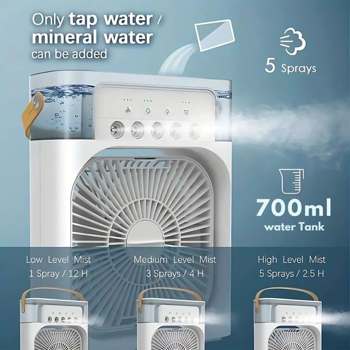 Compact 3-in-1 portable air cooler humidifier with adjustable fan speeds, suitable for home or office.