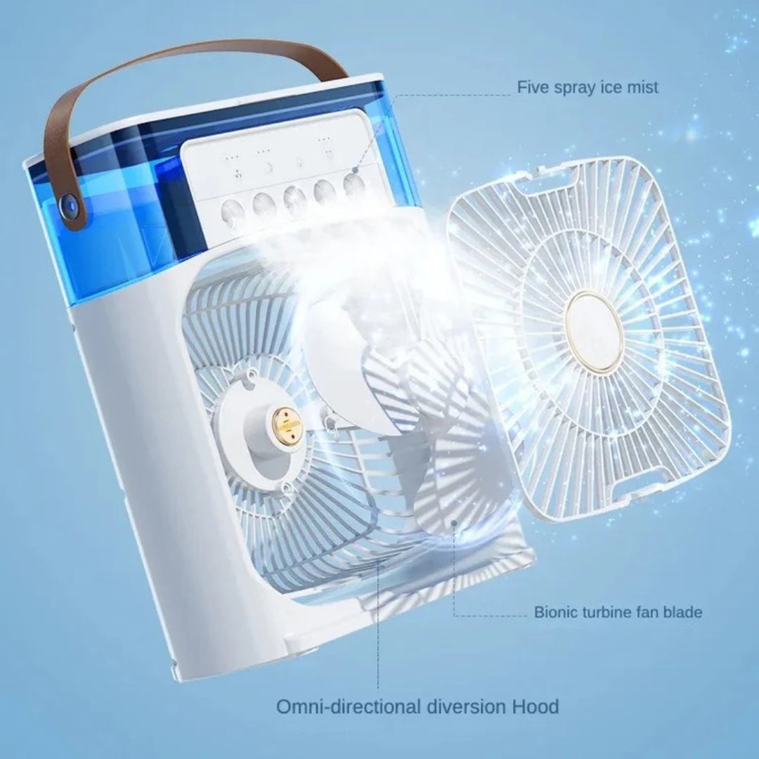 Compact 3-in-1 portable air cooler humidifier with adjustable fan speeds, suitable for home or office.