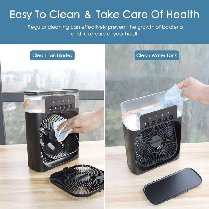 Compact 3-in-1 portable air cooler humidifier with adjustable fan speeds, suitable for home or office.