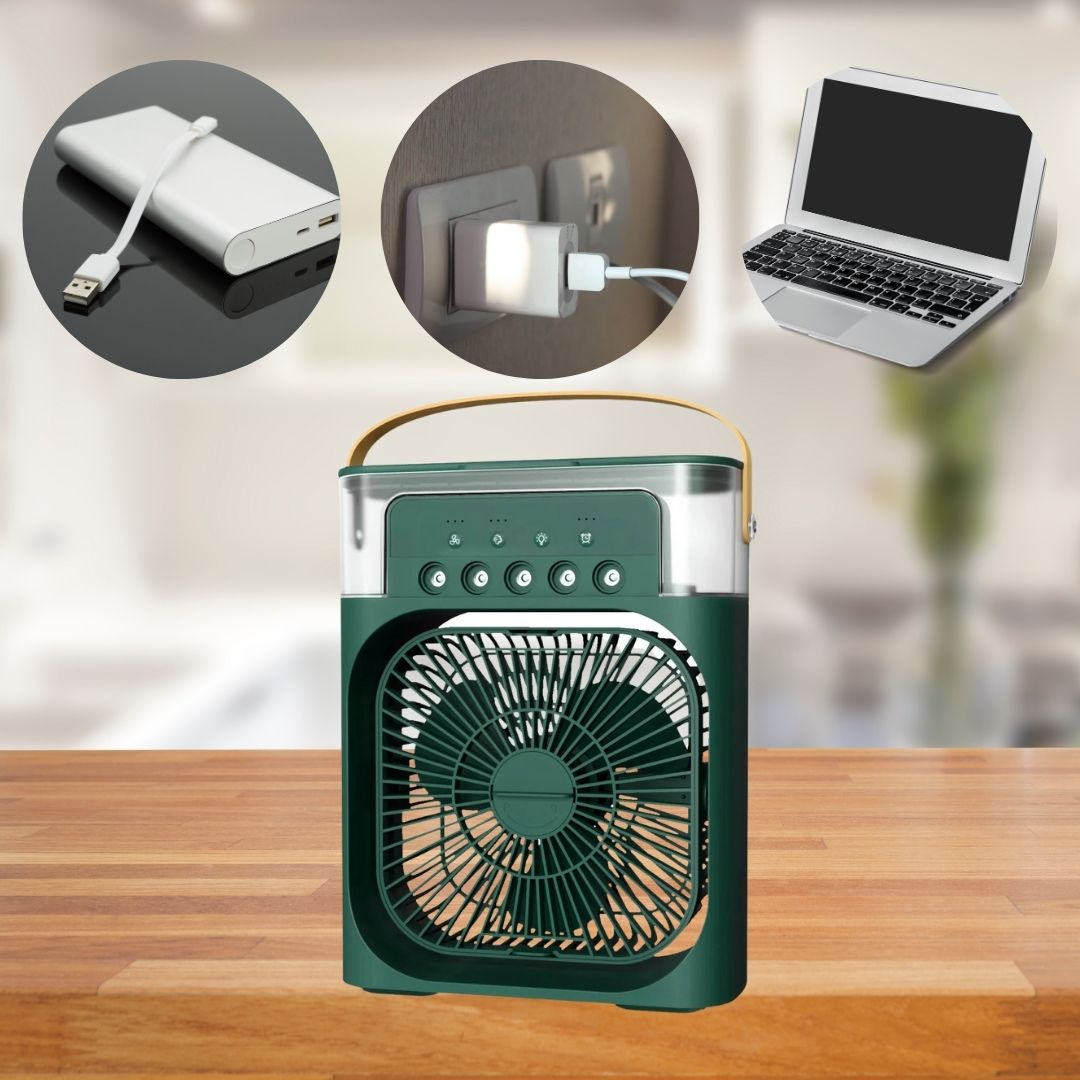 Compact 3-in-1 portable air cooler humidifier with adjustable fan speeds, suitable for home or office.