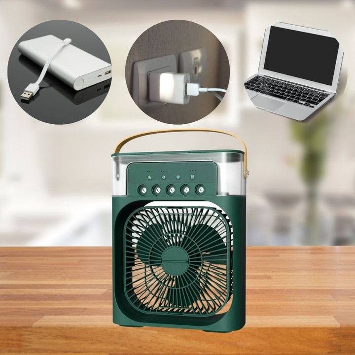 Compact 3-in-1 portable air cooler humidifier with adjustable fan speeds, suitable for home or office.