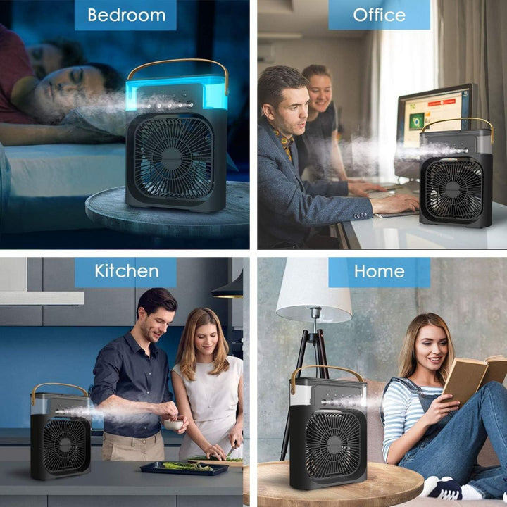 Compact 3-in-1 portable air cooler humidifier with adjustable fan speeds, suitable for home or office.