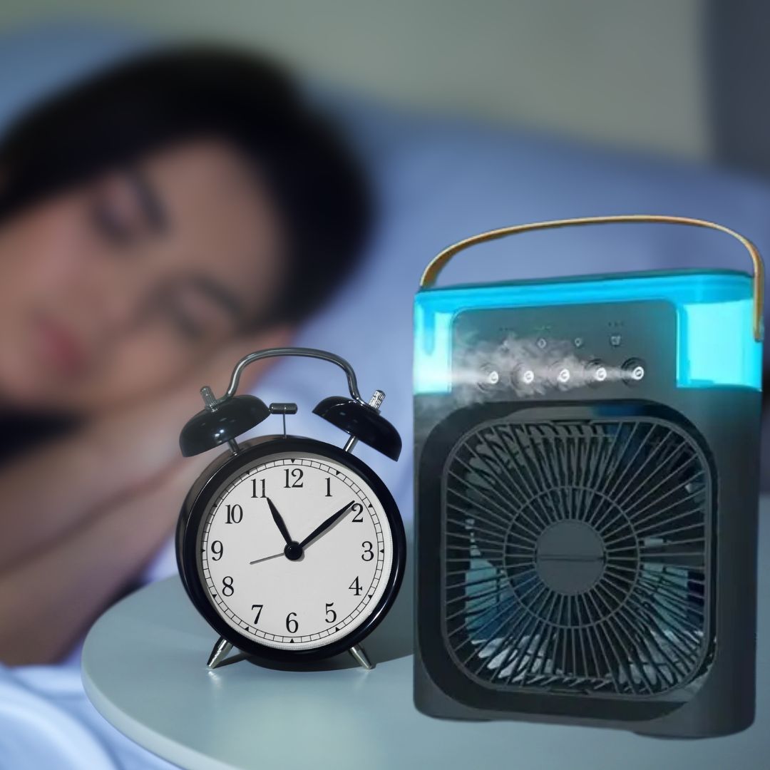 Compact 3-in-1 portable air cooler humidifier with adjustable fan speeds, suitable for home or office.