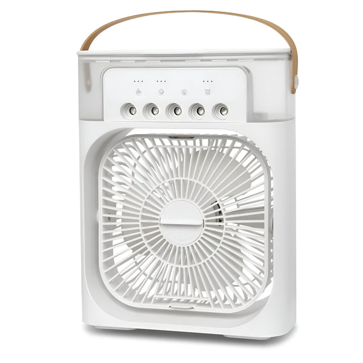 Compact 3-in-1 portable air cooler humidifier with adjustable fan speeds, suitable for home or office.