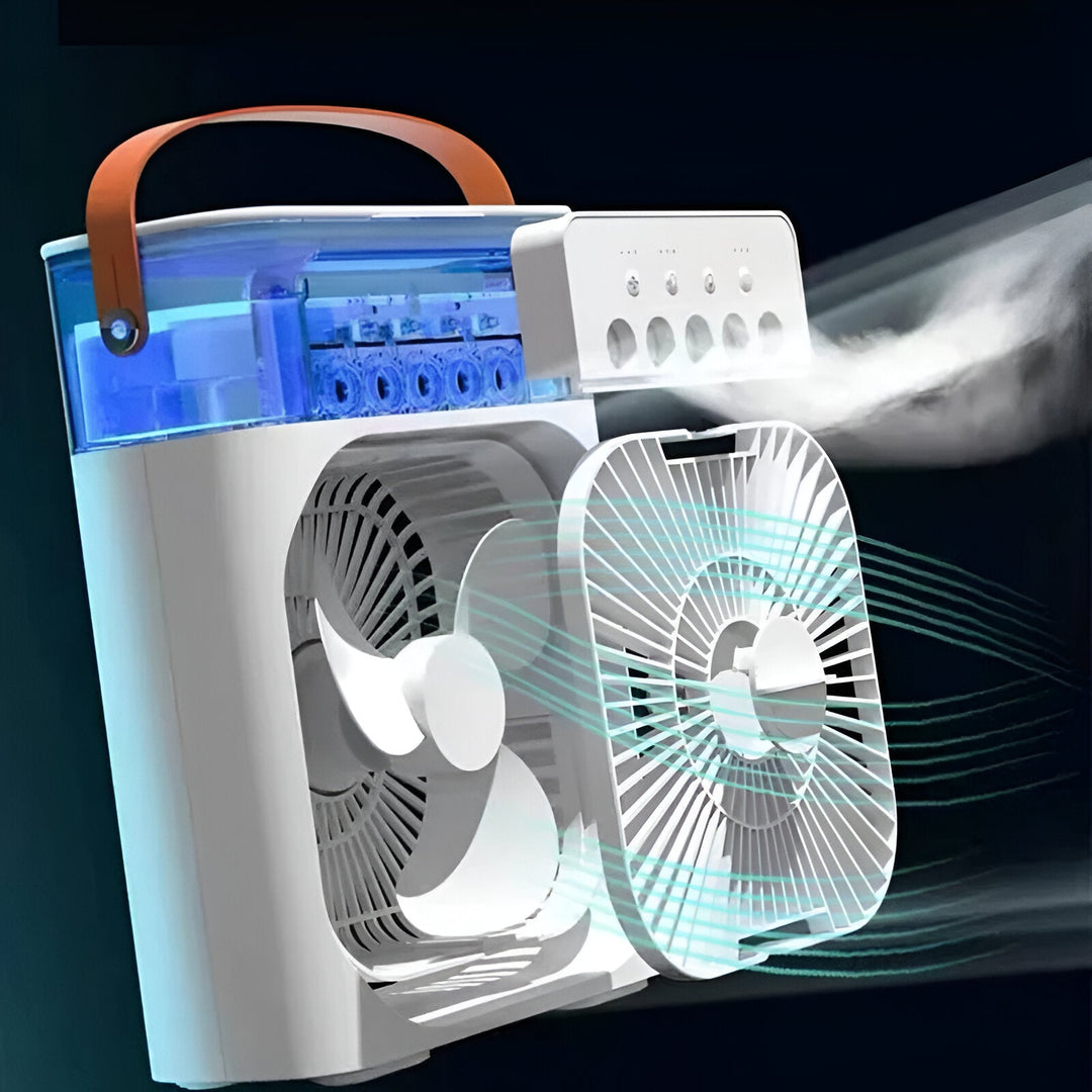 Compact 3-in-1 portable air cooler humidifier with adjustable fan speeds, suitable for home or office.