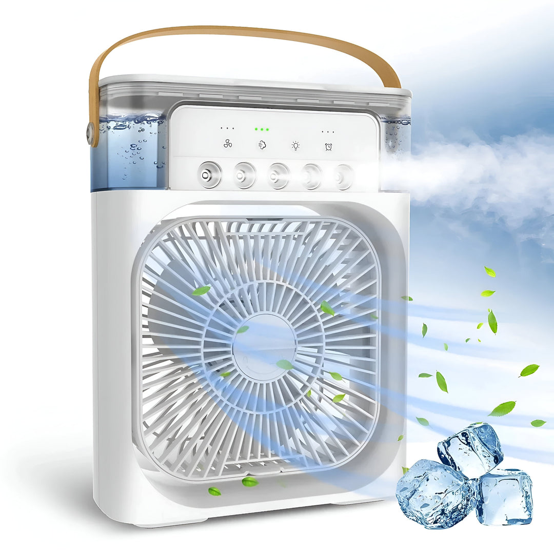 Compact 3-in-1 portable air cooler humidifier with adjustable fan speeds, suitable for home or office.