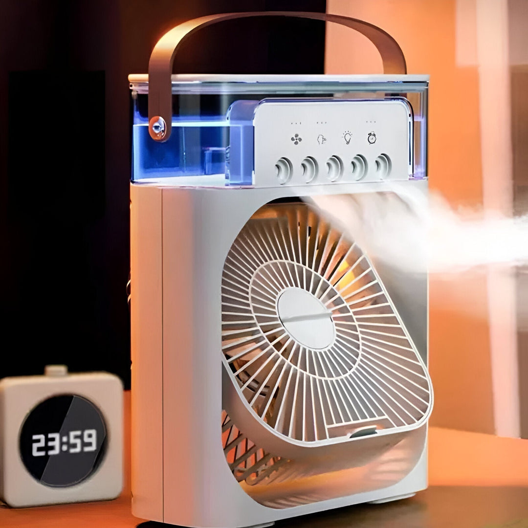Compact 3-in-1 portable air cooler humidifier with adjustable fan speeds, suitable for home or office.