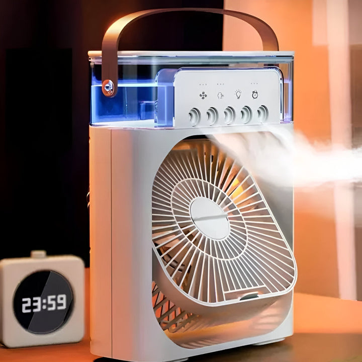 Compact 3-in-1 portable air cooler humidifier with adjustable fan speeds, suitable for home or office.