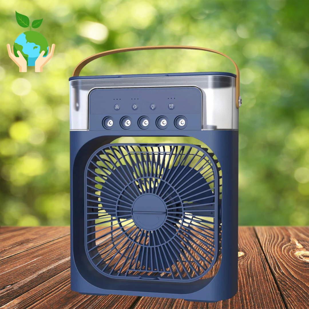 Compact 3-in-1 portable air cooler humidifier with adjustable fan speeds, suitable for home or office.