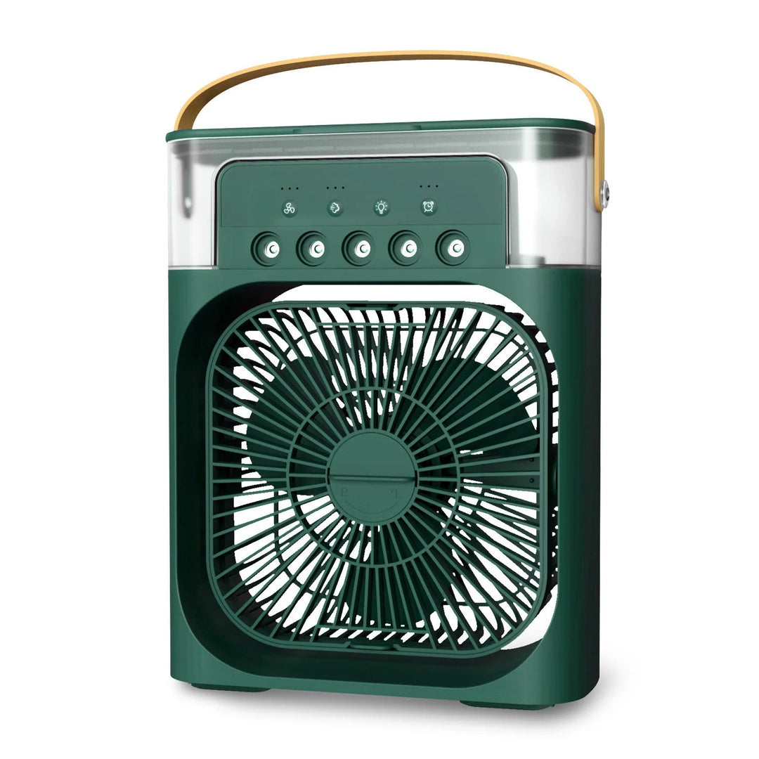 Compact 3-in-1 portable air cooler humidifier with adjustable fan speeds, suitable for home or office.