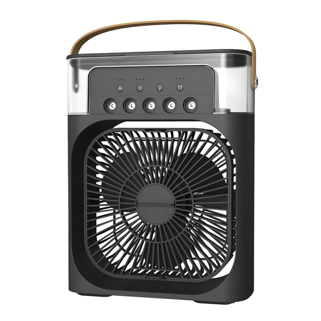 Compact 3-in-1 portable air cooler humidifier with adjustable fan speeds, suitable for home or office.