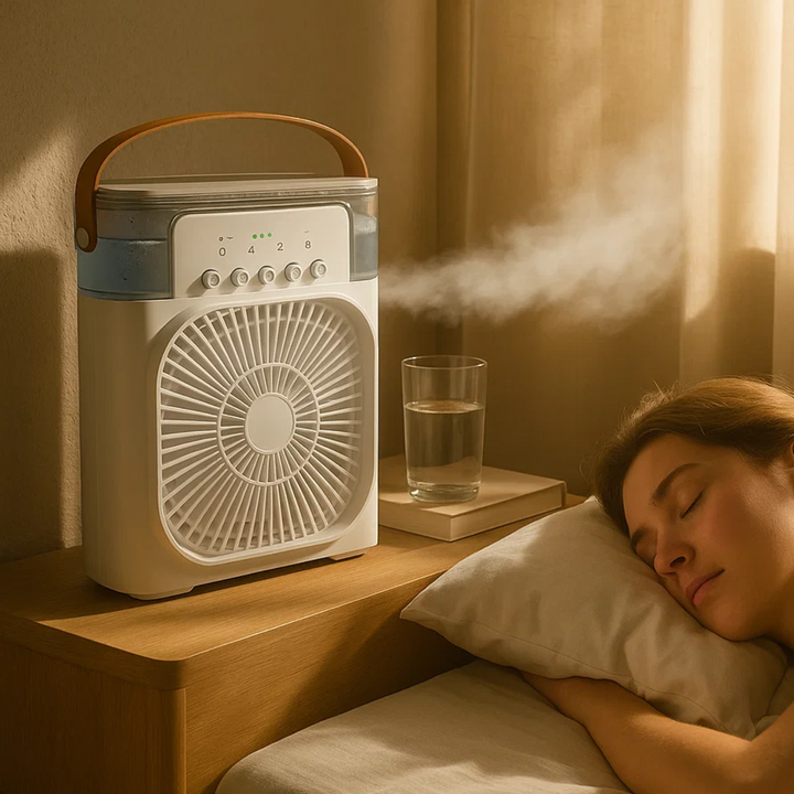 Compact 3-in-1 portable air cooler humidifier with adjustable fan speeds, suitable for home or office.