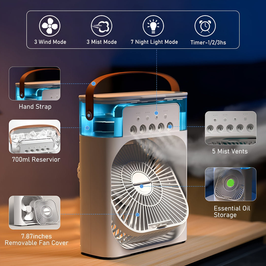 "Compact 3-in-1 portable air cooler humidifier, sleek design, adjustable fan speeds, ideal for small spaces, home or office u