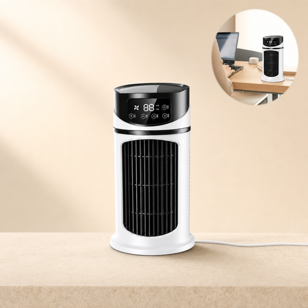 Portable USB mini evaporative air cooler and fan, perfect for desk, office or small spaces.