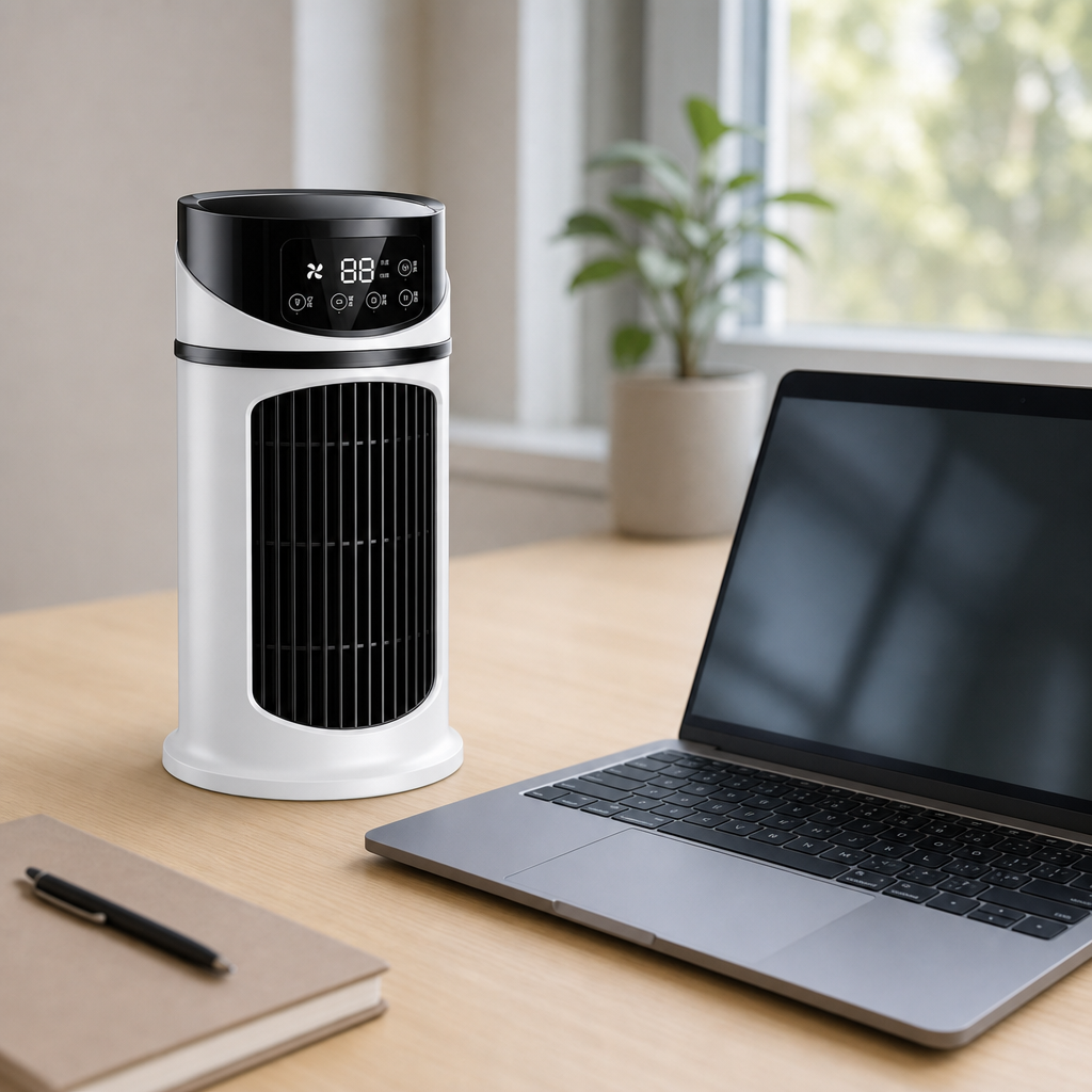 Personal USB humidifier and fan, offering cool moist air for enhanced home or office comfort.