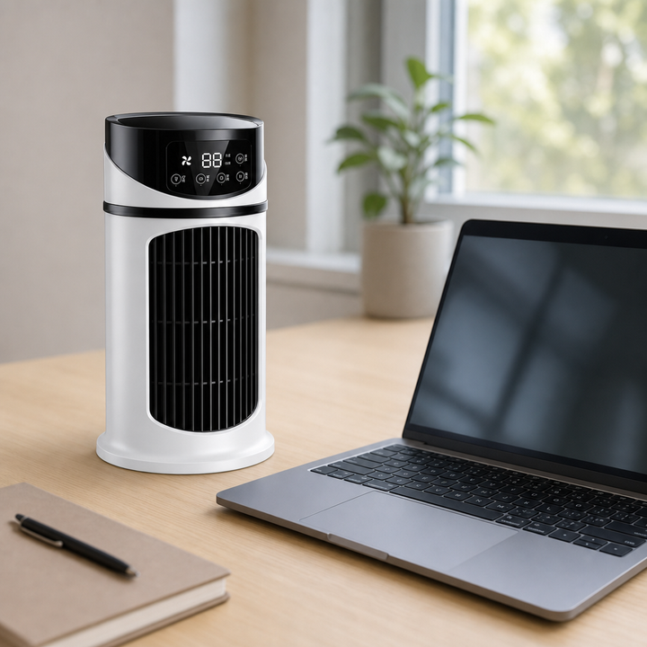 Personal USB humidifier and fan, offering cool moist air for enhanced home or office comfort.
