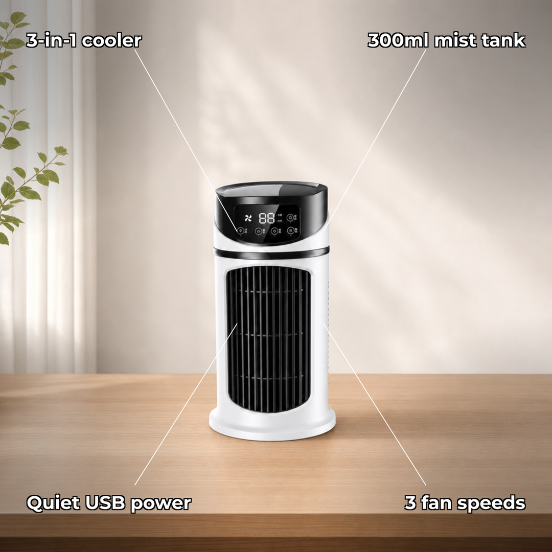 Versatile mini 3-in-1 USB desk air cooler, fan, & humidifier. Stay cool and comfortable anywhere.