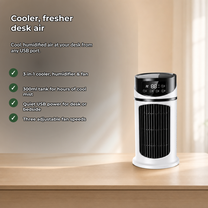 Energy-efficient evaporative personal desk air cooler, fan, and humidifier with USB power.