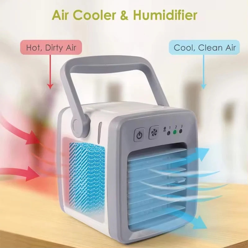 Desktop mini air conditioner with humidifier, UV-C air purifier, & USB fan for personal dorm comfort.
