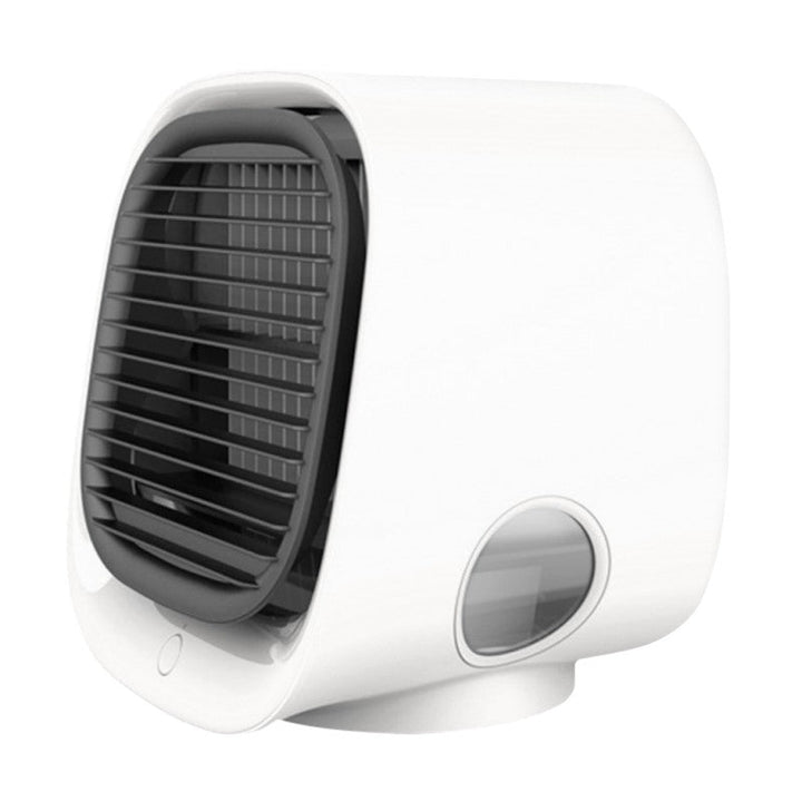 "Compact air cooler & humidifier for home or office, pink and white, desktop size with LED lighting and adjustable fan speeds