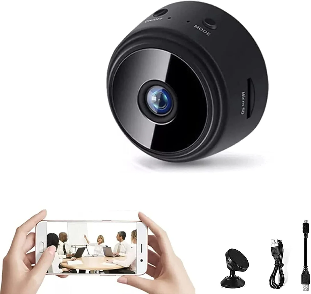 Compact black 1080p WiFi mini camera for home security with night vision, wide-angle view, and magnetic base.