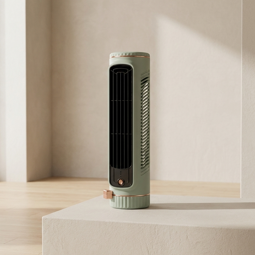 Compact bladeless tower fan, USB powered with 3 speeds, ideal for desk or home office personal cooling.