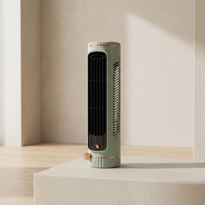 Compact bladeless tower fan, USB powered with 3 speeds, ideal for desk or home office personal cooling.