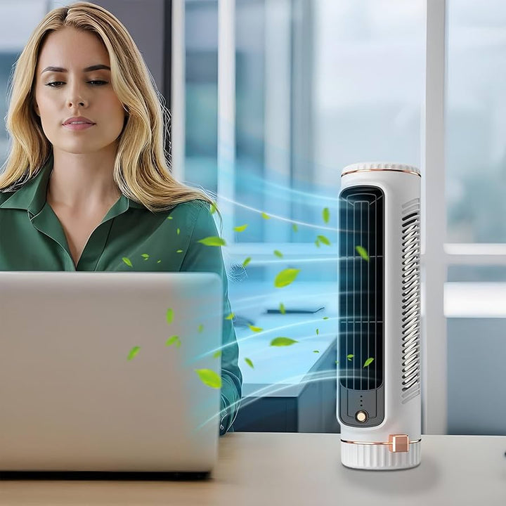 Portable USB bladeless tower fan, compact design, rechargeable, offering quiet personal cooling for any space.
