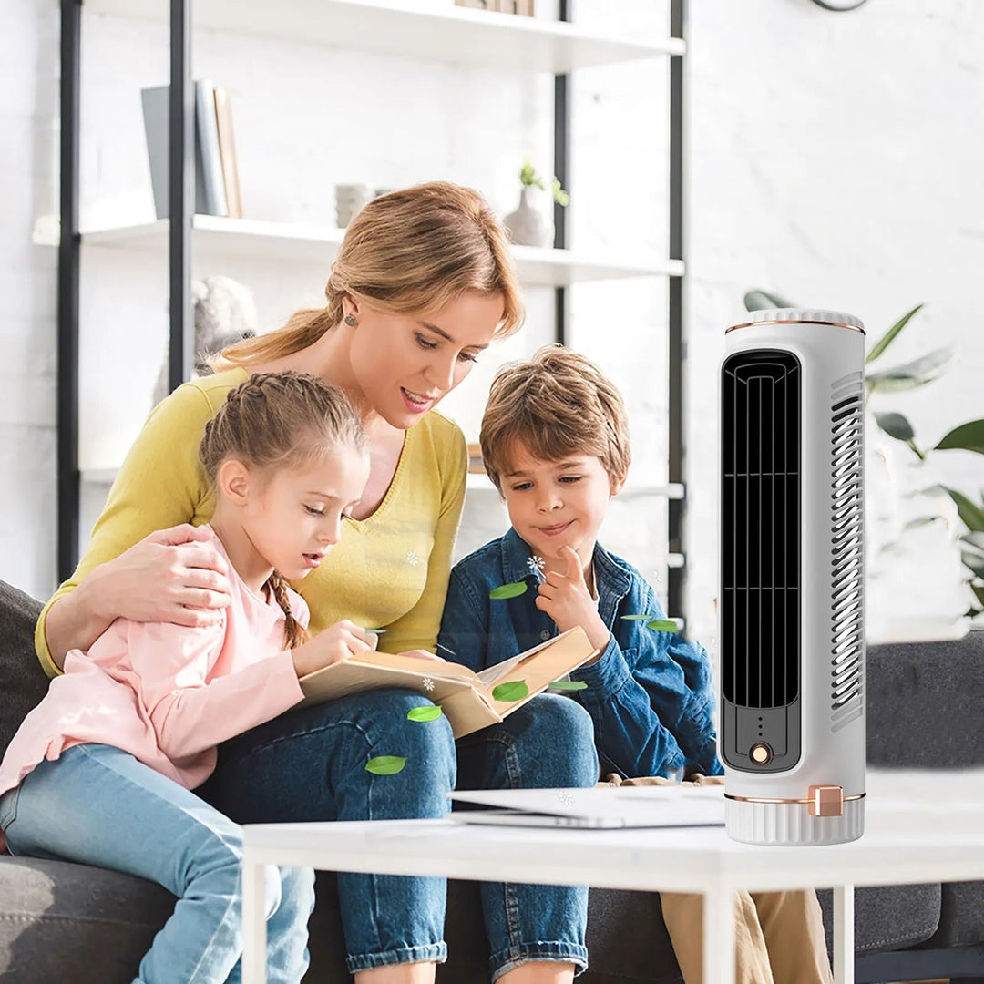 Quiet bladeless personal tower fan, compact USB powered for desk use, perfect for home office cooling.