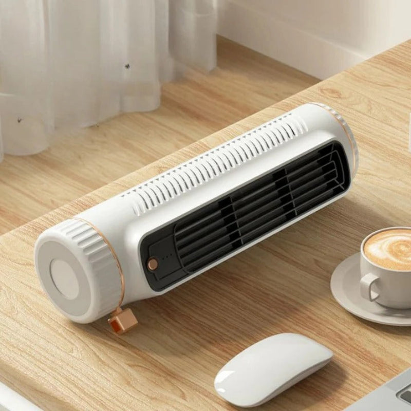 Sleek bladeless tower fan, compact and safe design, features 3 speeds & USB power for efficient cooling.