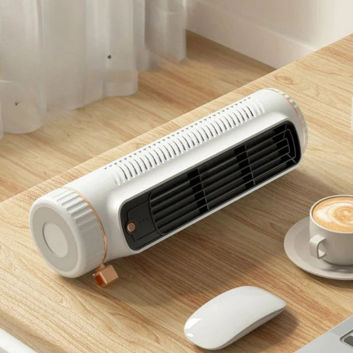 Sleek bladeless tower fan, compact and safe design, features 3 speeds & USB power for efficient cooling.