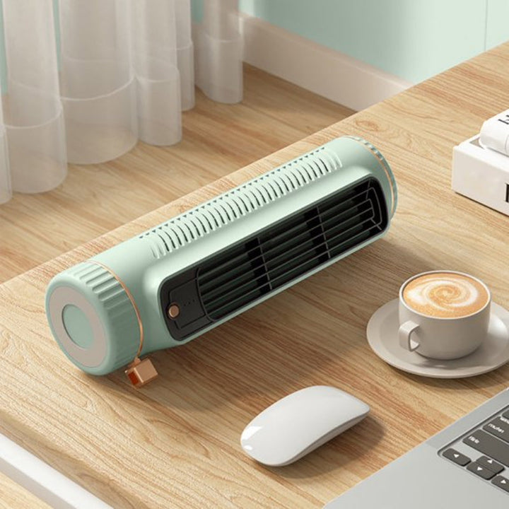 Compact & portable bladeless tower fan, USB powered, providing quiet, personal airflow for home or office.