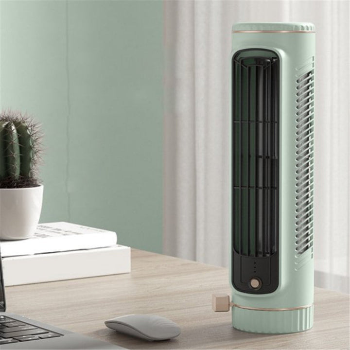 USB powered bladeless desk fan, compact tower design with 3 speeds, perfect personal cooler for small spaces.