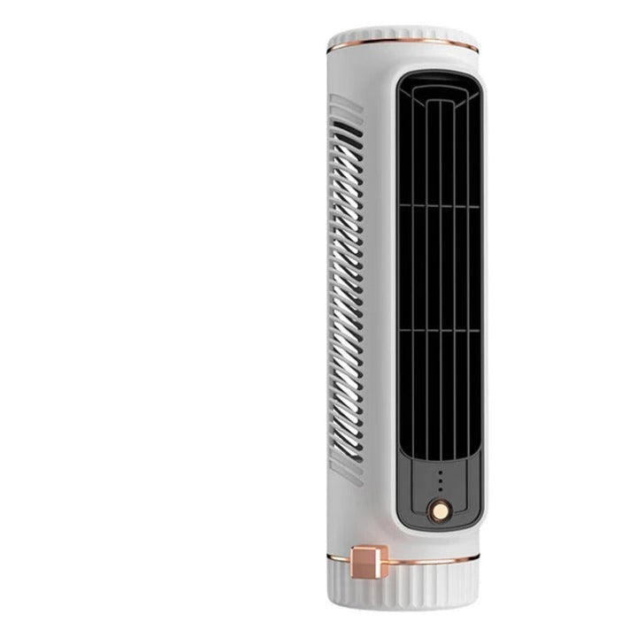 Rechargeable compact bladeless tower fan, USB power for portable use, delivers quiet personal airflow.