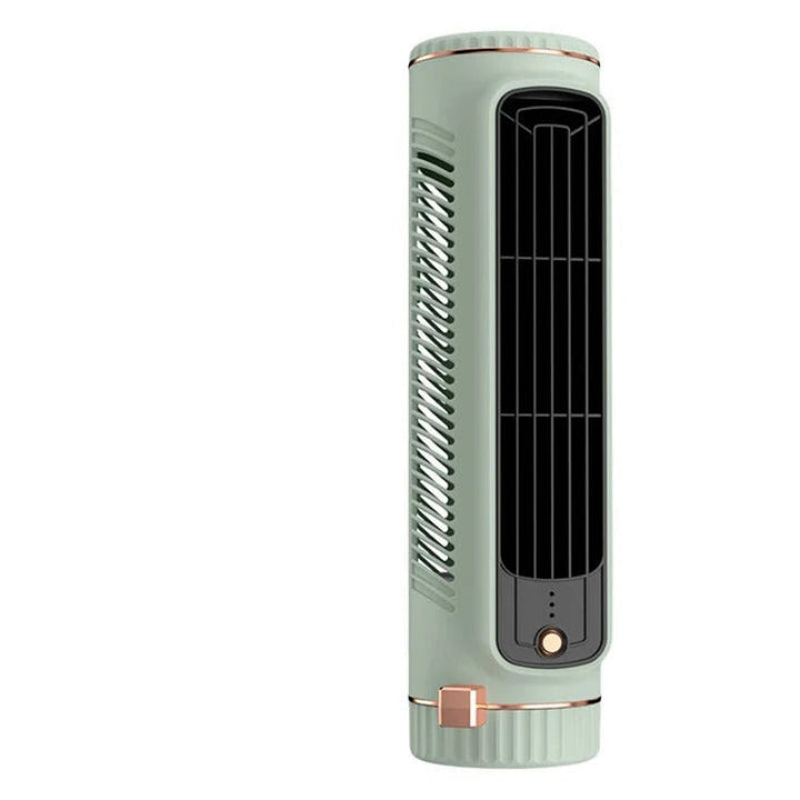 Modern bladeless tower fan, compact, USB rechargeable, 3 speeds, ideal quiet personal cooler for desk & office.