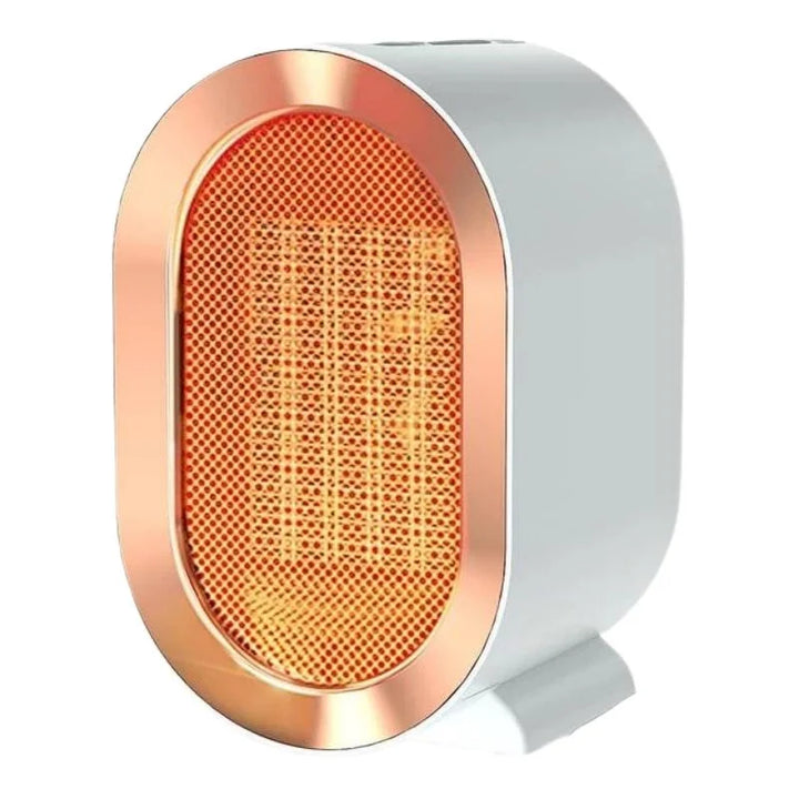 Compact electric heater with sleek design, available in blue, green, and white, perfect for desk or office use.