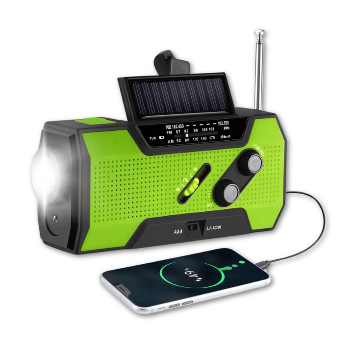 "Compact emergency radio with 4000mAh battery, multiple charging options, flashlight, and SOS alarm for crisis use."