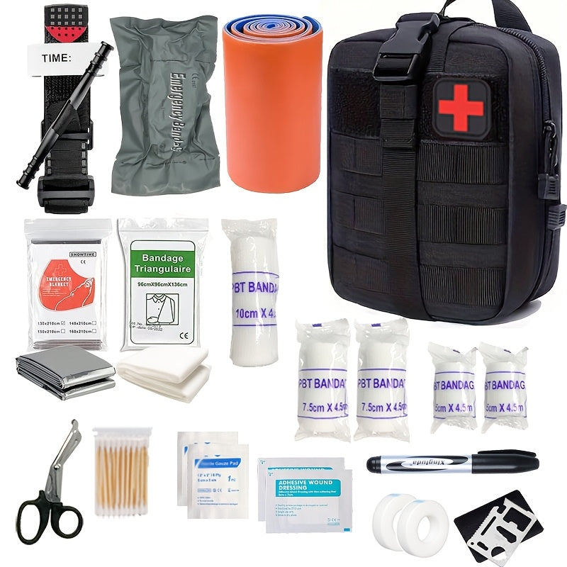 Compact Essential First Aid Kit with tourniquet, ideal for outdoor adventures, camping, hiking, & travel safety.
