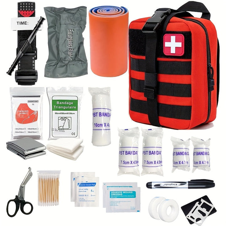 Survival First Aid Kit for emergencies, featuring a life-saving tourniquet for outdoor, camping & hiking preparedness.